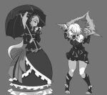  2girls ahoge belt black_belt breasts briar_(league_of_legends) closed_mouth colored_sclera crossover detached_sleeves dress fangs finger_to_mouth frilled_dress frills full_body gothic_lolita grey_background greyscale hair_between_eyes highres holding holding_umbrella kingpaka315 league_of_legends lolita_fashion long_dress long_hair long_sleeves looking_at_another medium_breasts monochrome multiple_girls no_pupils no_shoes overlord_(maruyama) pointy_ears ponytail red_eyes red_sclera shalltear_bloodfallen sidelocks simple_background standing stirrup_legwear toeless_legwear toes umbrella vampire white_eyes wrist_cuffs 