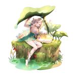  1girl animal armlet artist_request bare_arms bare_legs bare_shoulders barefoot breasts cattail cleavage dress drooling eversoul fairy_wings flower flower_ornament full_body game_cg green_dress grey_hair hair_flower hair_ornament hairband highres leaf leaf_umbrella lily_pad looking_at_viewer medium_breasts mushroom naiah_(eversoul) neck_ribbon non-web_source off_shoulder official_alternate_costume official_alternate_hairstyle official_art plant pointy_ears purple_eyes ribbon sitting sleeping solo tachi-e thigh_strap transparent_background vines water water_drop wings 