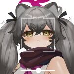  1girl :&lt; afterimage animal_ears bare_shoulders black_ribbon blue_archive blush brown_eyes brown_scarf closed_mouth commentary_request dokomon ear_wiggle grey_hair hair_between_eyes hair_ribbon halo highres korean_commentary long_hair looking_at_viewer michiru_(blue_archive) motion_lines ribbon scarf shirt short_eyebrows simple_background sleeveless sleeveless_shirt solo sweat thick_eyebrows twintails upper_body very_long_hair viewfinder white_background white_shirt 