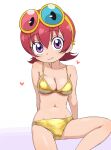  1girl beyon_(beyon1710) bikini blush breasts coke-bottle_glasses collarbone eyewear_on_head feylin glasses heart highres looking_at_viewer purple_eyes red_hair shiny_swimsuit sitting smile solo swimsuit tanken_driland yellow_bikini 