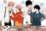  4boys aged_down bento blue_hoodie blush chewing child chopsticks dmsco1803 eating father_and_son food formal fushiguro_megumi fushiguro_touji glasses gojou_satoru highres hood hoodie itadori_yuuji jam jujutsu_kaisen male_focus multiple_boys necktie onigiri open_mouth red_hoodie short_hair simple_background suit table undercut white_suit 