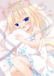  1girl animal_ear_fluff animal_ears blonde_hair blue_eyes camisole cat_ears cat_girl child commission female_child frilled_camisole frills looking_at_viewer lying medium_hair object_hug on_side open_mouth original pillow pillow_hug pixiv_commission strap_slip umi_suzume white_camisole 