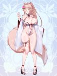  1girl abstract_background ahoge animal_ears bare_hips bare_legs bare_shoulders braid breasts chain_paradox character_request cleavage clothing_cutout cocytus_(wind_master) commentary_request detached_sleeves flower full_body groin hair_flower hair_intakes hair_ornament hair_tie high_heels highleg japanese_clothes large_breasts leotard long_hair looking_at_viewer navel navel_cutout open_mouth platform_footwear ponytail sandals sideboob smile solo standing string tail twin_braids waving wide_sleeves yellow_eyes 