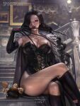  1girl bare_shoulders black_footwear black_gloves black_hair boots breasts cape character_name chest_tattoo collarbone copyright_name crossed_legs deviantart_sample elbow_gloves fullmetal_alchemist fur-trimmed_cape fur_trim gloves hair_over_one_eye hand_tentacles highres huge_breasts image_sample knee_boots large_breasts lipstick long_hair looking_at_viewer lust_(fma) makeup mini_person miniboy nose red_eyes red_lips solo_focus tattoo thighs watermark wavy_hair web_address yam_spectrum 