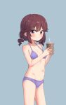  1girl bikini blue_background blush breasts brown_hair highres kuramoto_takato looking_at_viewer machikado_mazoku navel purple_bikini purple_eyes short_hair simple_background small_breasts smile solo standing swimsuit yoshida_ryouko 