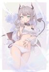  1girl aton_(user_kufr5245) bare_shoulders black_bow blush bow bow_panties breasts character_request cowboy_shot demon_girl demon_tail green_eyes grey_hair highres horns long_hair looking_at_viewer medium_breasts original panties smile solo tail underwear white_panties wings 