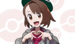  1girl :d bob_cut brown_eyes brown_hair buttons cable_knit cardigan collared_dress commentary_request dress eyelashes gloria_(pokemon) green_headwear grey_cardigan hands_up hat heart heart_hands highres hooded_cardigan open_mouth pink_dress poke_ball_symbol pokemon pokemon_(game) pokemon_swsh short_hair smile solo tam_o&#039;_shanter teru_zeta tongue upper_body 