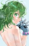  1girl absurdres blue_background blue_gloves boku_no_hero_academia breasts closed_mouth fengling_(furin-jp) from_behind gloves green_eyes green_hair hagakure_tooru hair_between_eyes highres looking_at_viewer looking_back medium_breasts medium_hair nude sideboob simple_background smile solo upper_body 