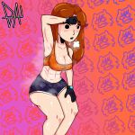  1girl arm_up armpits blush breasts breath brown_hair cleavage collarbone deadaccountlel eyelashes gloves gym gym_shorts hand_on_own_hip highres looking_down medium_breasts mii_gunner miiverse nintendo open_mouth orange_sports_bra parted_bangs patterned_background shiny_skin shorts signature sports_bra squatting stained_clothes steam steaming_body stomach super_smash_bros. sweat sweaty_clothes wet wiping_forehead wiping_sweat 