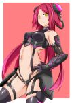  1girl action_taimanin amashirotenna blush breasts garter_straps hand_on_own_hip headgear highres long_hair looking_at_viewer medium_breasts midriff navel red_hair revealing_clothes shiny_clothes solo standing su_jinlei taimanin_(series) taimanin_asagi taimanin_suit thighhighs yellow_eyes 