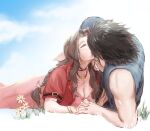  1boy 1girl aerith_gainsborough bare_arms bare_shoulders black_hair blue_sky bracelet braid braided_ponytail brown_hair choker closed_eyes cloud cloudy_sky couple crisis_core_final_fantasy_vii cropped_jacket day dress english_commentary final_fantasy final_fantasy_vii final_fantasy_vii_remake flower hair_ribbon hand_on_another&#039;s_chin hetero holding_hands interlocked_fingers jacket jewelry kiss linono lying on_side on_stomach outdoors parted_bangs pink_dress pink_ribbon red_jacket ribbon sidelocks sky sleeveless sleeveless_turtleneck spiked_hair sweater turtleneck turtleneck_sweater yellow_flower zack_fair 