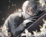  1boy aesop_carl airm blood blood_on_hands coffin crying crying_with_eyes_open falling_petals flower gloves grey_background grey_eyes grey_hair grey_jacket highres identity_v jacket leaning_on_object light_particles lily_(flower) long_sleeves looking_at_object low_ponytail male_focus mask medium_hair mouth_mask petals shirt solo stitches surgical_mask swept_bangs tears upper_body white_flower white_gloves white_lily white_shirt 