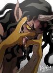  1boy animal_hands artist_name black_hair claws colored_sclera dark-skinned_male dark_skin demon_boy drooling fangs gradient_background hands_on_own_face hands_up highres horns kimetsu_no_yaiba lll_123_lll long_hair looking_to_the_side male_focus monster_boy nude open_mouth original pointy_ears saliva saliva_trail simple_background solo symbol-shaped_pupils tongue tongue_out twitter_username upper_body urogi_(kimetsu_no_yaiba) veins white_background yellow_eyes yellow_sclera 
