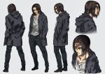  1boy absurdres brown_hair daisx_(dais0115) eren_yeager frown full_body hands_in_pockets highres looking_ahead looking_at_viewer male_focus multiple_views pants reference_sheet shingeki_no_kyojin standing thick_eyebrows 