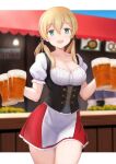  1girl alternate_costume anchor_hair_ornament aqua_eyes barmaid beer_mug blonde_hair breasts cleavage cowboy_shot cup dirndl frilled_skirt frills german_clothes hair_ornament highres holding holding_cup kantai_collection kotou_yogen long_hair low_twintails medium_breasts mug oktoberfest open_mouth prinz_eugen_(kancolle) red_skirt skirt solo twintails underbust 