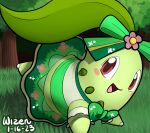  blush bow chikorita cosplay_pikachu flower forest grass green_bow hair_bow highres leaf nature no_humans open_mouth pikachu pikachu_pop_star pokemon pokemon_(creature) pokemon_(game) pokemon_gsc pokemon_hgss red_eyes tree 
