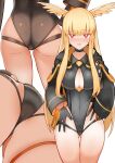  1girl adjusting_clothes adjusting_swimsuit ass ass_visible_through_thighs black_one-piece_swimsuit blonde_hair blush breasts cleavage cleavage_cutout clothing_cutout commentary_request fate/grand_order fate_(series) gloves head_wings highleg highleg_swimsuit highres jacket long_hair long_sleeves looking_at_viewer one-piece_swimsuit parted_lips red_eyes simple_background swimsuit thigh_gap thighs thrud_(fate) thrud_(swimsuit_assassin)_(fate) valkyrie_(fate) very_long_hair white_background wings yoosai 