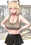  1girl 360_(taiyo360) absurdres animal_ear_fluff arknights bare_shoulders black_pantyhose black_skirt blonde_hair blush breasts brown_sports_bra cleavage collarbone cowboy_shot gym hair_ornament hairclip hands_on_own_hips highres indoors large_breasts long_hair miniskirt navel open_mouth pantyhose purple_eyes skirt solo sports_bra utage_(arknights) 