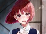  1girl arima_kana blue_vest blurry blurry_background blush bob_cut chromatic_aberration collared_shirt commentary_request crying crying_with_eyes_open hair_between_eyes highres lens_flare looking_at_viewer nose_blush open_mouth oshi_no_ko red_eyes red_hair shirt short_hair signature solo tears teeth upper_body upper_teeth_only variant_set vest white_shirt yoitsuki_nema 