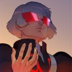  1boy black_jacket closed_mouth film_grain fingernails grey_hair gundam hand_up harry_ord high_collar highres jacket lips male_focus miromari nose red-tinted_eyewear short_hair solo sunglasses tinted_eyewear turn_a_gundam upper_body 