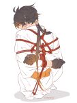  1boy bound earrings from_side genshin_impact highres japanese_clothes jewelry kimono red_rope rope shibari shibari_over_clothes single_earring tied_up_(nonsexual) treetree233 white_kimono zhongli_(genshin_impact) 