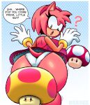  2023 accessory amy_rose anthro artist_name big_breasts big_butt blush blush_lines boots bottomwear breasts butt clothing deegee dialogue english_text eulipotyphlan eyelashes female footwear fungus fur gloves green_eyes handwear headband hedgehog hi_res huge_breasts huge_butt jewelry looking_back looking_down mammal mario_bros mega_mushroom motion_lines mushroom nintendo panties pink_body pink_fur presenting presenting_hindquarters question_mark red_clothing red_hairband red_topwear ring sega short_stack smile solo sonic_the_hedgehog_(series) speech_bubble super_mushroom tail text thick_thighs thong topwear underwear white_clothing white_panties white_underwear wide_eyed wide_hips 