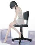  1girl barefoot black_hair brown_eyes chair closed_mouth dress full_body hair_ornament highres iwakura_lain kurobeko_(kur0bek0) monitor office_chair serial_experiments_lain shirt short_hair simple_background sitting sleeveless sleeveless_dress solo swivel_chair white_background white_dress white_shirt x_hair_ornament 