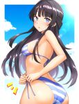  1girl @_@ ass bikini black_hair blue_eyes blush breasts half_updo highres idolmaster idolmaster_million_live! karua_(karua23) long_hair looking_at_viewer medium_breasts mogami_shizuka side-tie_bikini_bottom sideboob solo striped striped_bikini sweatdrop swimsuit twisted_torso tying_tie very_long_hair 