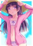  1girl arms_up bikini black_hair blue_sky blunt_bangs breasts brown_headwear cloud cowboy_shot drawstring frilled_bikini frills gokou_ruri hat highres hime_cut hood hooded_jacket jacket long_hair looking_at_viewer mole mole_under_eye navel ore_no_imouto_ga_konna_ni_kawaii_wake_ga_nai pink_jacket purple_eyes sky small_breasts solo straw_hat swimsuit takatsuki_akira white_bikini 