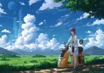  1girl absurdres bandaid bandaid_on_knee bandaid_on_leg black_skirt blue_eyes blue_hair blue_shirt blue_sky brown_bag cloud cloudy_sky commentary_request cumulonimbus_cloud dappled_sunlight day full_body grin hanagamigendai highres jacket looking_at_viewer motor_vehicle mountainous_horizon open_clothes open_jacket original outdoors robot scenery scooter shirt shoes short_hair skirt sky sleeves_rolled_up smile solo standing sunlight tree walking white_jacket 