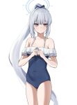  1girl absurdres blue_archive blue_halo blue_one-piece_swimsuit breasts commentary covered_navel cowboy_shot erenav facing_viewer frilled_one-piece_swimsuit frills grey_hair halo highres long_hair looking_ahead miyako_(blue_archive) miyako_(swimsuit)_(blue_archive) off-shoulder_one-piece_swimsuit off_shoulder official_alternate_costume one-piece_swimsuit own_hands_together ponytail purple_eyes simple_background small_breasts solo standing swimsuit two-tone_one-piece_swimsuit very_long_hair white_background 