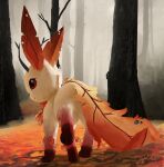  2020 2023 4_legs ambiguous_gender anthro autumn cloud day digital_media_(artwork) digital_painting_(artwork) eeveelution fallen_leaves feet feral fog forest generation_4_pokemon hi_res horn leafeon mammal multicolored_body mythrava nintendo plant pokemon pokemon_(species) quadruped rear_view red_eyes red_nose sky solo tail tan_body tree 