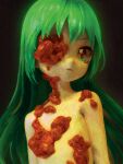  1girl black_background body_horror closed_mouth commentary english_commentary flat_chest flesh green_hair highres long_hair looking_at_viewer mutation nude original solo ufoshock upper_body 