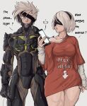  1boy 1girl blindfold blush breasts cellphone crossover cyborg english_text eyepatch hairband highres large_breasts long_sleeves look-alike metal_gear_(series) metal_gear_rising:_revengeance nier:automata nier_(series) phone power_connection raiden_(metal_gear) science_fiction shirt short_hair simple_background smartphone t-shirt thick_thighs thighs white_hair yoracrab yorha_no._2_type_b 