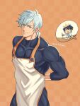  1boy apron bara black_bodysuit black_hair blue_eyes bodysuit checkered_background collarbone fate/grand_order fate_(series) fujimaru_ritsuka_(male) hair_between_eyes highres large_pectorals light_smile looking_at_viewer male_focus muscular muscular_male orange_background pectorals percival_(fate) short_hair smile solo twitter_username white_apron white_hair yaekaidou 