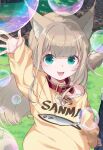 1girl 1other 40hara :d animal_collar animal_ear_fluff animal_ears aqua_eyes bubble cat_ears cat_girl cat_tail collar fang highres kinako_(40hara) light_brown_hair long_hair long_sleeves looking_at_viewer off_shoulder original smile soap_bubbles solo_focus sweater tail yellow_sweater 