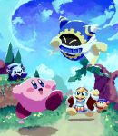  :d ^_^ armor aruco_co bandana black_eyes blue_bandana blue_eyes blue_sky blush blush_stickers brown_eyes cape cloak closed_eyes cloud cloudy_sky commentary_request day flower fur-trimmed_jacket fur-trimmed_sleeves fur_trim grass hat highres jacket jumping king_dedede kirby kirby_(series) long_sleeves looking_at_another magolor mask meta_knight no_humans open_clothes open_jacket open_mouth outdoors path pauldrons red_headwear red_jacket running shadow shoulder_armor sky smile tree waddle_dee waving white_cloak yellow_eyes 