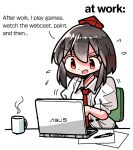  1girl asus black_hair blush coffee_mug collared_shirt cup english_text hat kasuya_baian medium_hair mug necktie open_mouth pen red_eyes red_headwear red_necktie shameimaru_aya shirt sidelocks sitting tokin_hat touhou v-shaped_eyebrows white_shirt working 