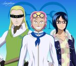  1girl 2boys absurdres black_gloves blonde_hair blue_hair closed_mouth coby_(one_piece) eyewear_on_head glasses gloves helmeppo highres johnrap016 long_hair looking_at_viewer multiple_boys one_piece pink_hair scar short_hair signature smile sunglasses tashigi uniform 