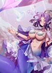  1girl alternate_costume bracelet breasts fins fish_tail head_fins jewelry kantai_collection large_breasts mermaid mizoredama1 monster_girl navel necklace purple_eyes purple_hair shell shell_bikini short_hair solo tail tatsuta_(kancolle) underwater 