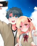  1boy 1girl :d azumi_(myameco) black_hair blonde_hair blue_eyes blue_sky cellphone cloud day earrings ereshkigal_(fate) fate/grand_order fate_(series) fujimaru_ritsuka_(male) hair_ribbon hand_on_another&#039;s_shoulder holding holding_phone jewelry long_hair open_mouth outdoors phone red_ribbon ribbon school_uniform selfie short_hair sky smile 