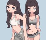  1girl animification black_hair blackpink blue_background blue_eyes bra breasts collarbone commentary crop_top grey_bra grey_panties grey_skirt guriming hand_on_own_hip hand_on_own_thigh head_tilt highres jennie_(blackpink) k-pop long_hair looking_at_viewer medium_breasts mole_above_eye multiple_views navel panties pink_lips real_life skirt smile symbol-only_commentary tank_top underwear white_tank_top 