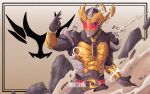  1boy absurdres agito_(ground_form) altering_(agito) armor black_bodysuit bodysuit broken_armor broken_horn commentary fighting_stance fingernails giganticbrush gold_armor gold_horns highres horns kamen_rider kamen_rider_agito kamen_rider_agito_(series) open_hand rider_belt sharp_fingernails solo stag_beetle tokusatsu tree weapon 