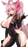  1girl animal_ear_fluff animal_ears black_bodysuit blush bodysuit bow breasts center_opening choker cleavage collarbone fate/grand_order fate_(series) fox_ears fox_girl fox_shadow_puppet fox_tail hair_between_eyes hair_bow highres hip_vent koyanskaya_(assassin)_(first_ascension)_(fate) koyanskaya_(fate) large_breasts long_hair looking_at_viewer parted_lips pink_bow pink_hair ponytail sidelocks smile solo tail tamamo_(fate) thighs variant_set volyz yellow_eyes 