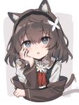  1girl afterimage animal_ear_fluff animal_ears arm_support black_choker black_hairband black_vest brown_coat brown_hair cat_ears cat_girl cat_tail choker coat commentary_request grey_eyes hairband head_rest highres kurioshi_fio long_sleeves looking_at_viewer medium_hair off_shoulder open_clothes open_coat open_mouth original satou_(3366_s) shirt simple_background tail tail_wagging vest white_shirt 