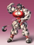  agonwolfe anthro big_muscles black_hair black_lips blue_eyes bovid bovine cattle clothed clothing dress ear_piercing ear_ring female flexing hair hi_res hooves horn huge_muscles humanoid hyper hyper_muscles lips mammal markings muscular nails piercing plantigrade quadriceps red_clothing red_dress ring_piercing solo spots spotted_markings standing 