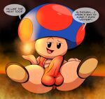  absurd_res anthro bodily_fluids bulge clothed clothing detailed_bulge dialogue erection erection_under_clothing fire hi_res male mario_bros nintendo seductive solo spread_legs spreading sweat talking_to_viewer tepigfan101 thong toad_(mario) translucent translucent_clothing translucent_underwear underwear 