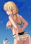  absurdres adjusting_clothes adjusting_swimsuit ahoge ass back bare_shoulders beach bikini blonde_hair blurry blurry_background breasts butt_crack closed_mouth cowboy_shot dutch_angle flower from_behind from_below garuku1120 hachimiya_meguru hair_flower hair_ornament highres idolmaster idolmaster_shiny_colors large_breasts layered_bikini long_hair looking_back low_twintails profile sideboob sky solo_focus swimsuit twintails 