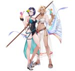  bare_shoulders bikini blonde_hair blue_eyes blue_hair breasts catherine_(summer)_(fire_emblem) covered_navel cup drinking_glass fire_emblem fire_emblem:_three_houses fire_emblem_heroes full_body highres kainown large_breasts midriff navel official_art purple_eyes sandals shamir_nevrand_(summer) short_hair stomach swimsuit tagme white_bikini 