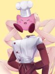  1girl arthropod_limbs chainsaw_man chef chef_hat closed_eyes crossover dated extra_arms falling_devil_(chainsaw_man) hat headless highres holding k.nock kirby kirby_(series) long_arms open_mouth pants red_pants shirt signature simple_background standing white_shirt yellow_background 
